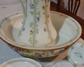 Antique 7-piece bowl & pitcher set with a delicate floral pattern....stamp on bottom of glass pictured reads: semi porcelain RHOS, F W & C, England...beautiful!