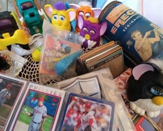 Misc goodies for the kids including McDonalds Furby toys and baseball cards