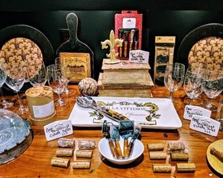 Wine cork place card holders, serving platter and utensils, Fleur de lis stemware, decor barware glasses wine glasses