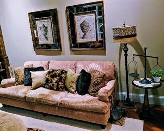 sofa, couch, scale, lamp, art, throw pillows