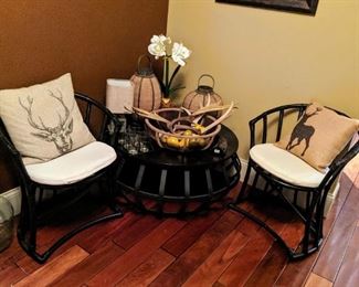chairs, table, coffee table, rustic décor, art etc. 