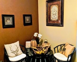 chairs, table, coffee table, rustic décor, art etc. 