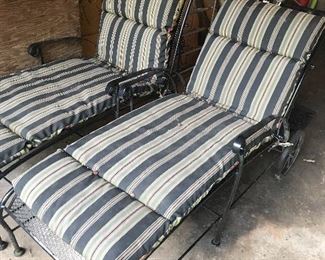 Wrought iron deck lounge chairs w/cushions & wheels - VERY NICE