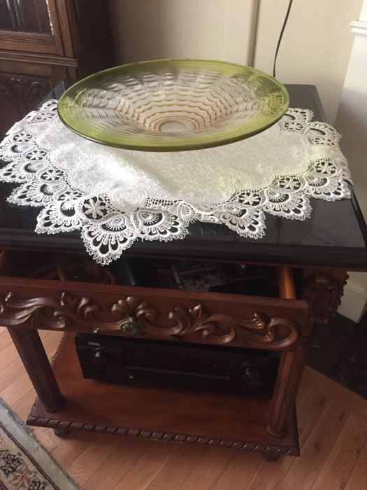 Carved wood side table, hand-blown glass-lots of doilies