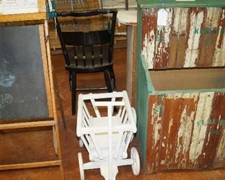 wood holder, decorative wagon, vintage child chalk board