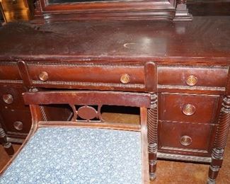 dressing vanity with mirror and bench