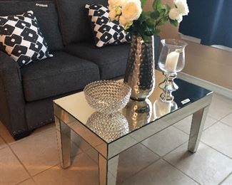 formal living mirrored coffee and 2 small side tables and sofa -loveseat and chair -ottoman