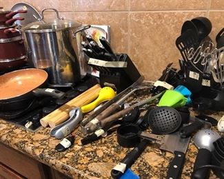 copper clad kitchenware lots of utensils