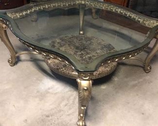 gold -glass coffee table - have end table goes great w/ sofa's