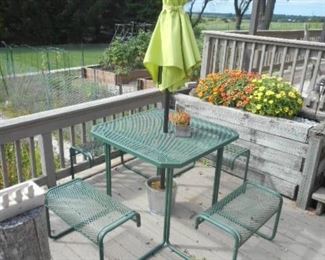 Patio bench seat setup with umbrella