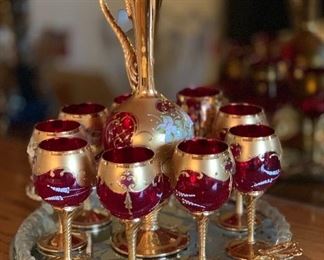 Murano Venetian Ruby Red Decanter w/ 9 Glasses & Tray	 	

