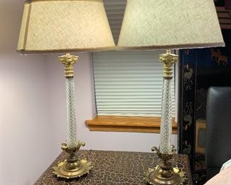 2 Vintage Crystal Glass & Bronze Lamps PAIR	31in H	
