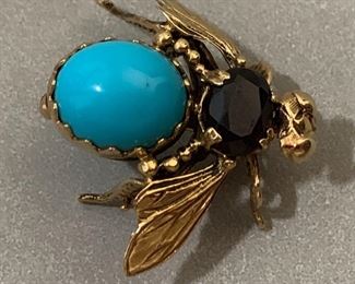 Bee Brooch 14k gold Ruby Turquoise 