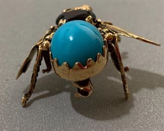 Bee Brooch 14k gold Ruby Turquoise 