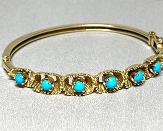 18k Gold & Turquoise Hinged Bracelet 6.5in
