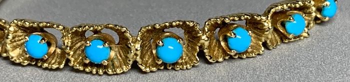 18k Gold & Turquoise Hinged Bracelet 6.5in
