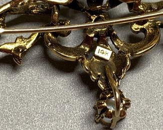 Victorian 14k Gold Pearl & Opal Brooch Pin 61mm x 37mm
