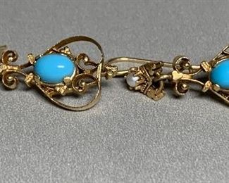 14k Gold Victorian Turquoise & Pearl Earrings 
