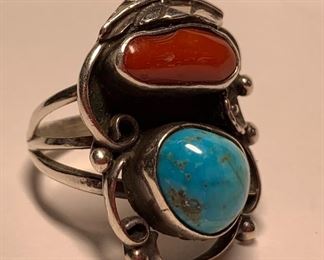 Native American Turquoise/Coral Ring Sz7.75
