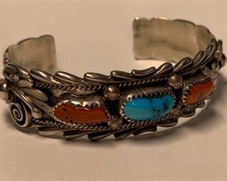6.5in Navajo Tom Ahasteen Sterling/Turquoise/Coral Bracelet 
