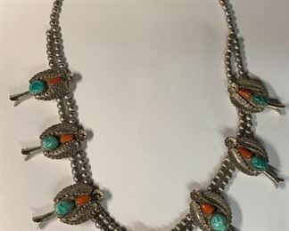 22in Son of Bear Navajo Squash Blossom Necklace Turquoise/Coral 
