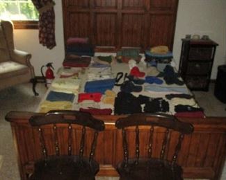 Bed, linens, chairs and household