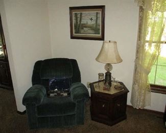 Recliner, end table and lamp