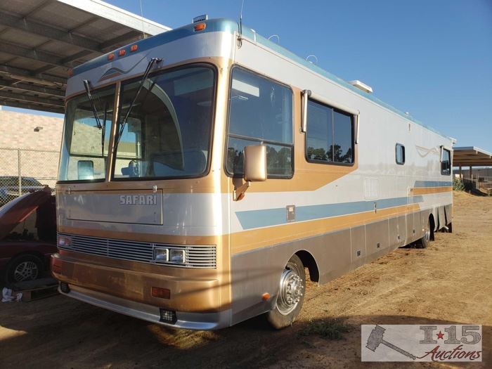 95: 40' 1995 Safari Motor Coaches M-Series Blue Max. Only 13,175 miles. Please See Video!
Registration estimate: $810 and $70 doc fees 
Cummins 8.3 diesel pusher, Allison automatic 6 speed trans, washer/ dryer, dishwasher, ice maker by the door, Bose surround in rear bedroom, Onan 6300LP generator, 4 brand new batteries, auto leveling jacks, auto satellite dish. Motor starts right up. Generator ran for a while but we can not get it started again. Front and rear air come on. Huge storage underneath from side to side.
Year: 1995
Make: Safari Motor Coaches
Model: M-Series Blue Max
Vehicle Type: Recreational Vehicle
Mileage: 13,175
Plate: 6HSR363
Body Type:
Trim Level:
Drive Line:
Engine Type:
Fuel Type:
Horsepower:
Transmission:
VIN #: 4SLA7GL23S1102833
