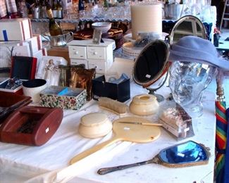 Vintage Celluloid dresser set, hand mirror, brush, hair receiver, powder box, head mannequin, vintage 1940s hat, vintage vanity mirror, pedestal mirrors, Wedgwood vase, jewelry box, boxes