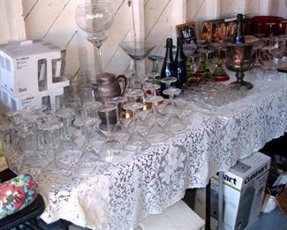 Martini glasses, Champagne flutes, cocktail pitcher, vintage Silver Plate, New Ikea tumblers, Champagne, wine chiller, bucket, new in box Cuisinart Ice Cream maker