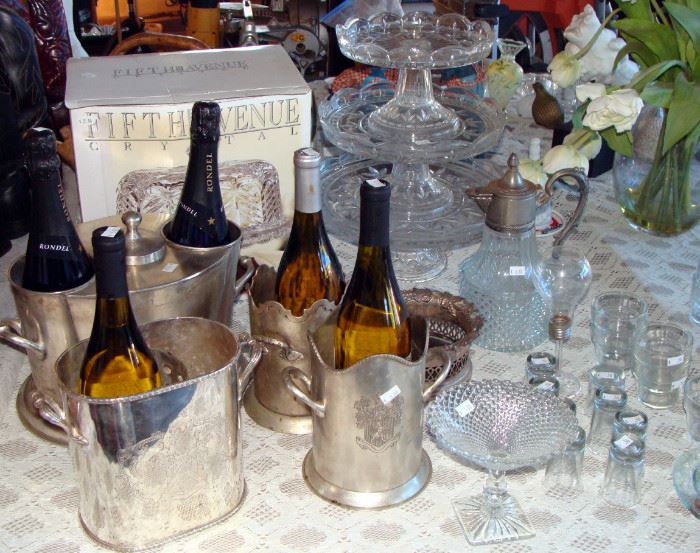 Silver Plate, wine bucket, champagne bucket, wine bottle coaster, buckets, Crystal. cake stands, cake pedestal, vintage glassware, serving pieces, cocktail glasses
