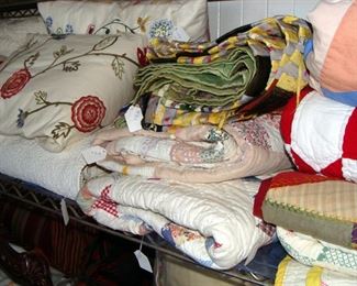 New and vintage linens, feed-sack quilt, Crazy quilts, patchwork quilts, embroidered, designer throw pillows, Matelassé bedspread, Coverlets, throw pillow