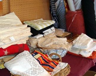 Vintage linens, tablecloth, doilies, hankies, table runner, cloth napkins, bed sheets, upholstery fabric, bolts, flat folds, kitchen towels, blankets