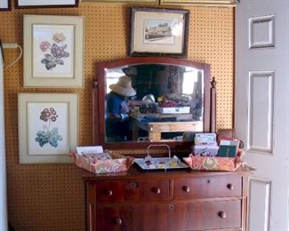 Antique, vintage, Mahogany dresser with Mirror, Framed Botanical prints, vintage art, new in box stationary sets, vintage reverse carved Lucite, dresser tray, vintage fabric, linens