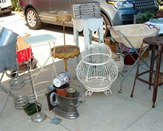 Vintage metal tables, yard decor, plant stands, industrial stool, laundry cart, Tole painted tiered table, stand, iron birdcage