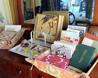 Vintage reverse carved Lucite, lipstick holder, paperweights, new in box, photo albums, stationary, invitations