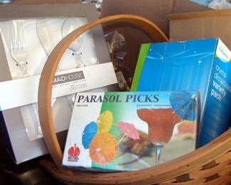Party supplies, new in package, flatware, cocktail umbrella, plates, cups, picks, party favor