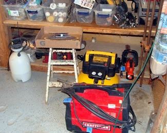 Craftsman generator, Dewalt Compressor, Black & Decker hedge trimmer, vintage step stool, hand tools, saw blades, wrenches, socket sets