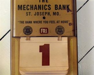 Vintage metal perpetual wall calendar, The Mechanics Bank, St. Joseph, Missouri