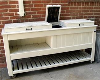 Wood bar, beverage station, built-in coolers, storage, outdoor bar, party cart, caster wheels