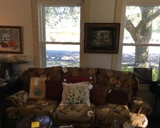 Sofa by Mason Tyler, Vintage Rocky Mountain National Park Pictures In Original Bag, Hardanger Cross Stitch Pillow