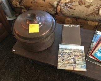16” diameter, 11” high with lid Hammered Copper Pot (weighs 13.5 pounds), Come Reminisce With Me A History of Glidden, Texas 1885-1985 & Leavin’ a Testimony (both signed by authors)