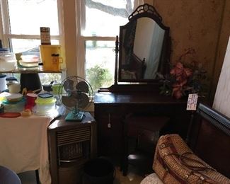 Vintage Dominion Fan, Dearborn Heater, Cast Iron Pot, & Vintage Vanity