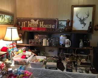 Barware, Deer horns, Arco Sign, Lil’Hen House Sign, Dominoes, & Cards