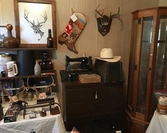 Singer Sewing Machine, Needlepoint “The Colonel” Christmas Stocking, & Gun Cabinet