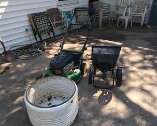 John Deere Push Lawn Mower & Vintage Washing Machine Tub