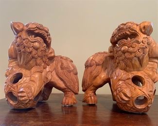 8. Pair of Carved Wood Foo Dogs (10")