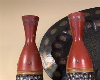 Pair of Red Wood Carved Vases