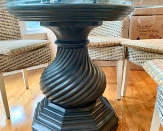 25. Glass Top Dining Table on Wood Carved Pedestal Base 48"