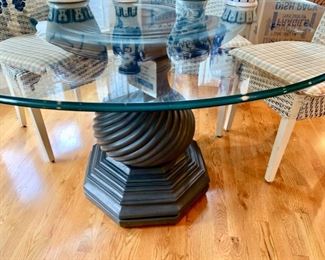 25. Glass Top Dining Table on Wood Carved Pedestal Base 48"